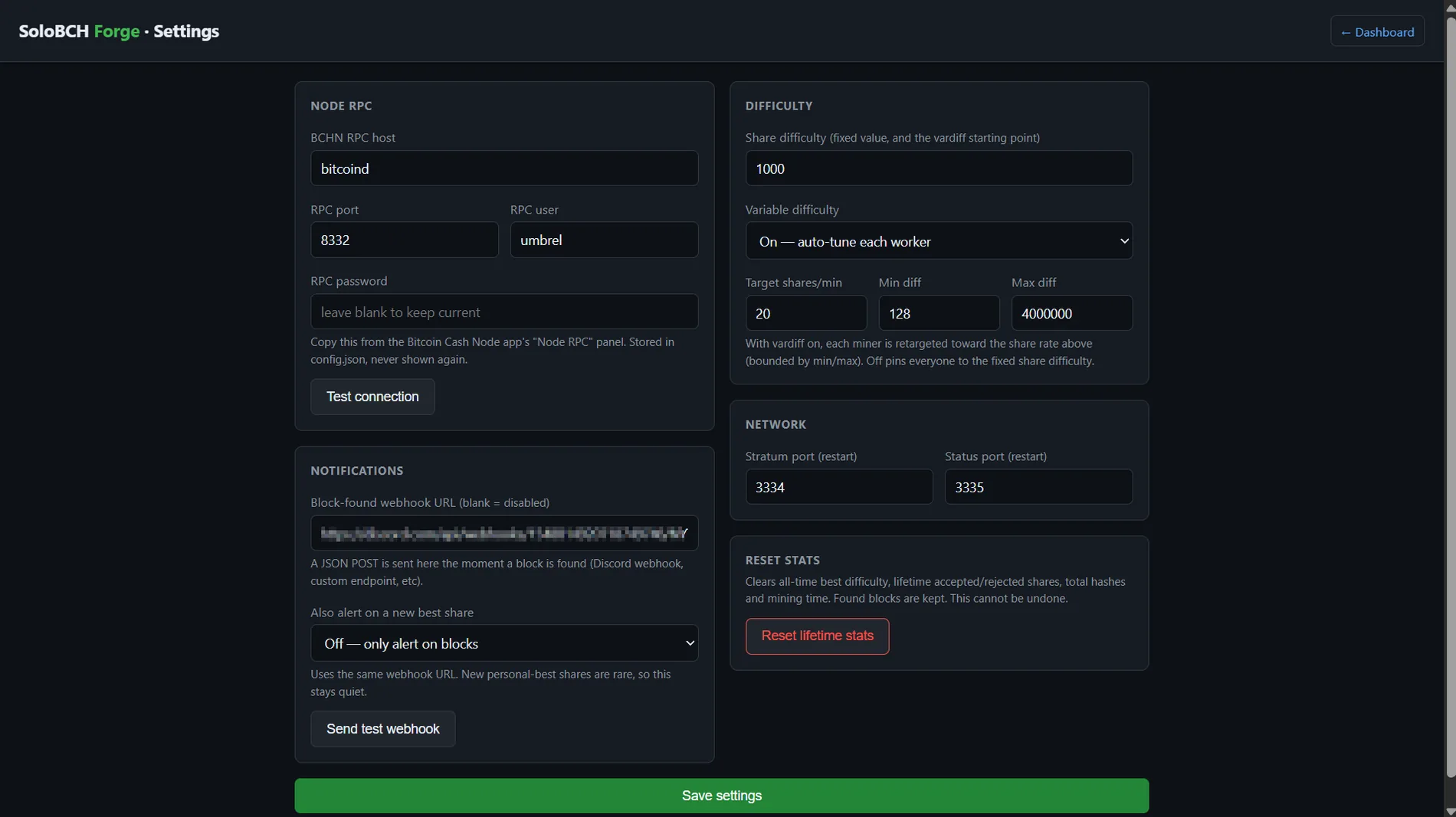 SoloBCH Forge settings page with node RPC, difficulty, network and notification options