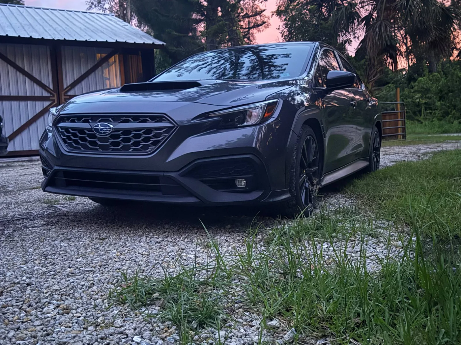 Low-angle front view of the WRX on a gravel driveway under a pink sunset sky with palm trees